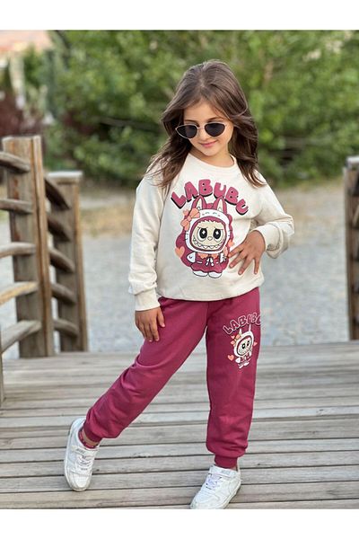 KGN GİYİM Girl's Seasonal Bottom Top Tracksuit Set Cotton