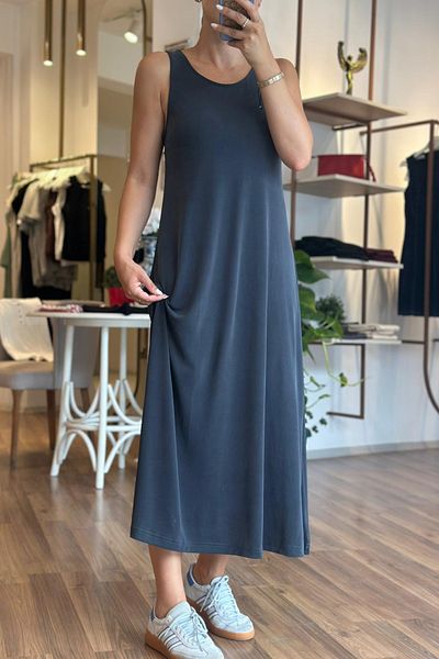 Unique Boutique Anthracite Thick Strap Modal Fabric Midi Length Dress