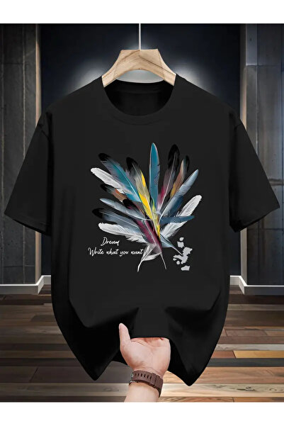 İSMTEXS تي شيرت من القطن الممشط مطبوع عليه ريش الطيور بأكمام قصيرة للجنسين من...