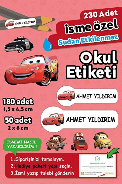 HediyeHanesi Şimşek McQueen Temalı Kişiye Özel İsimli Defter Kalem Okul Etike...