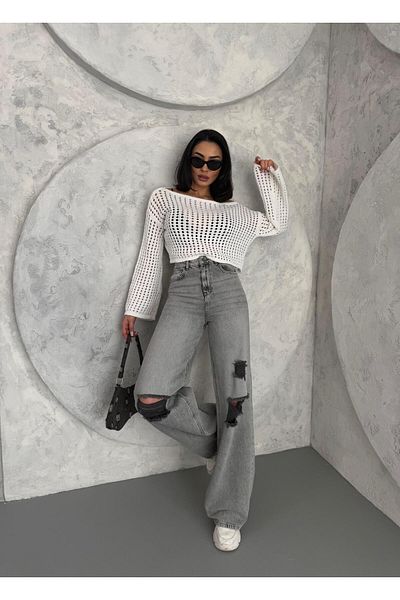 Zeo Basic Women's Baggy Fit Laser High Waist Wide Leg Jeans Gray