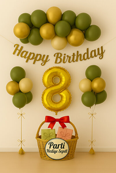 parti hediye sepeti 1 Yaş Doğum Günü Balon Seti | Gold Küf Yeşili Konsept