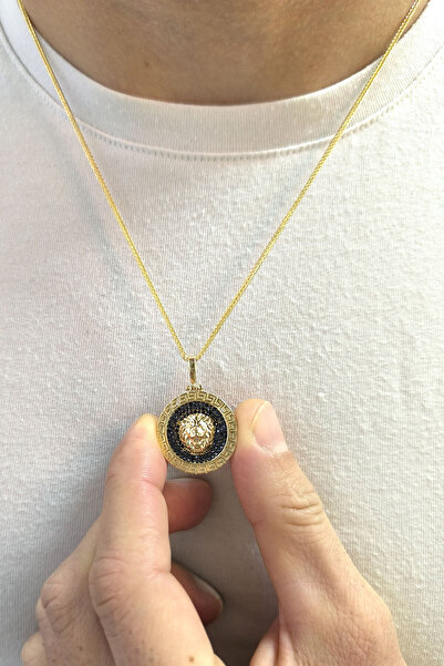 Aslı Gold Siyah Taşlı Altın Aslan Başı Kolye