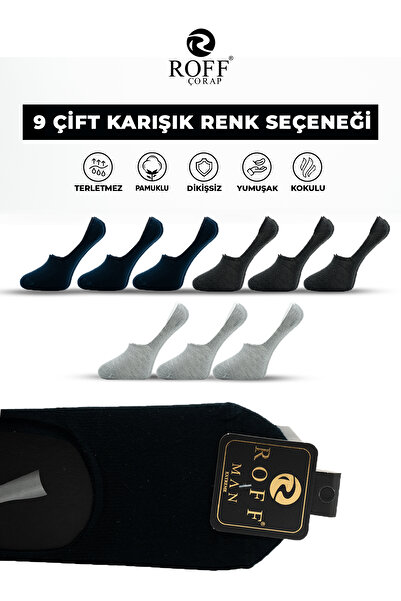 ROFF ÇORAP Roff Cotton Men's Ballerina Socks Seamless Invisible Anti-Slip Silicone Pack of 9
