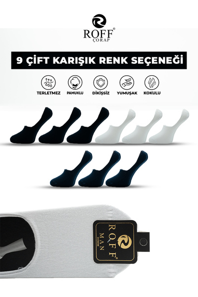 ROFF ÇORAP Roff Cotton Men's Ballerina Socks Seamless Invisible Anti-Slip Silicone Pack of 9