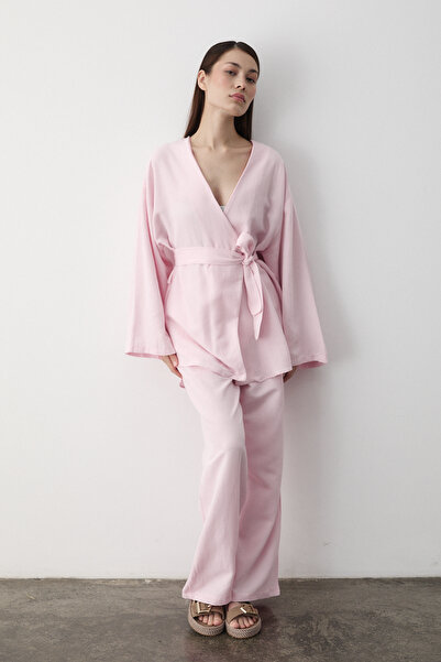 Laluvia Rózsaszín vászon kimonó nadrág szett
