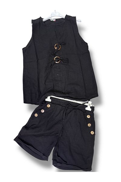 AGORATEKSTİL Women's Linen Cotton Buttoned Shorts and Buttoned Tank Top Set