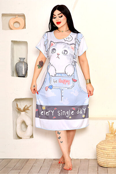 AsrymShop كاش فستان صيفي بيتي طويل ثري دي 3D رسمة جينز و قطة