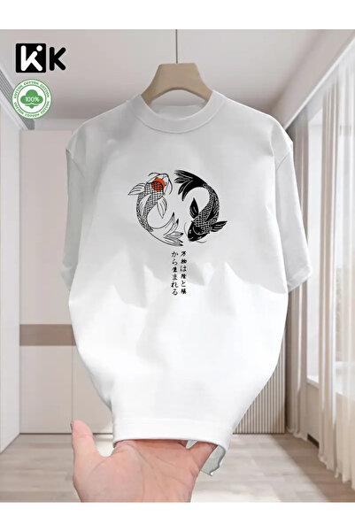 İSMTEXS تي شيرت من القطن الممشط مطبوع عليه رسومات مائية على شكل سمكة بأكمام ق...