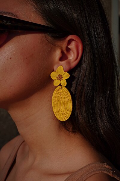 Rumon Çiçekli Oval Hasır Sallantılı Küpe