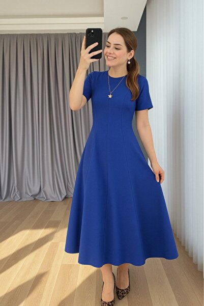 MODA Trend fashion kısa kollu bisiklet yaka maksi kadın elbise