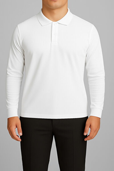 FATELLA Tricou unisex alb cu mânecă lungă și guler polo, potrivit pentru școa...