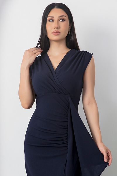 PULLIMM Double Breasted Neck Ruffle Crepe Dress Dks1262