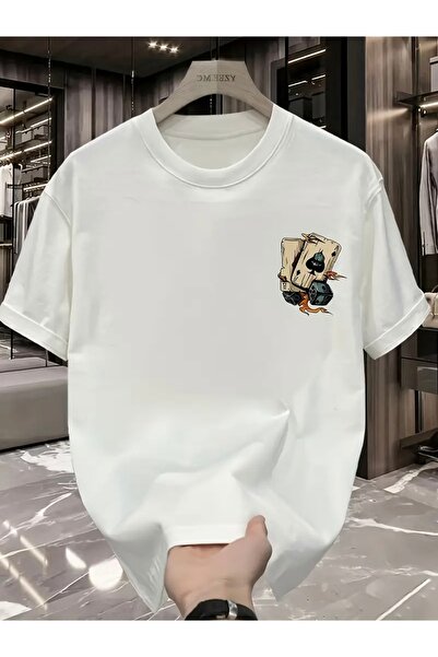 FUFLUNS تي شيرت برقبة دائرية كبيرة الحجم مطبوع عليه ورق سكيمبل ونرد