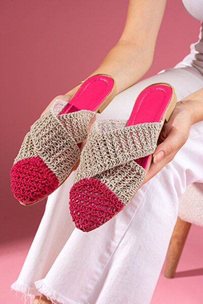 FUGA MODA Simpa Fuchsia Mink Two-Color Closed Front Cross Tape Detailed Knitted Knitwear Slippers