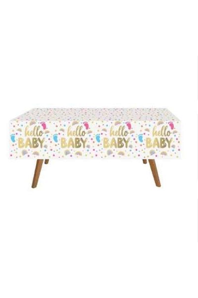 OEM Față de masă din plastic pentru petrecere Baby Shower, albă, cu folie aurie, Hello Baby, 180x120cm - 1 buc.
