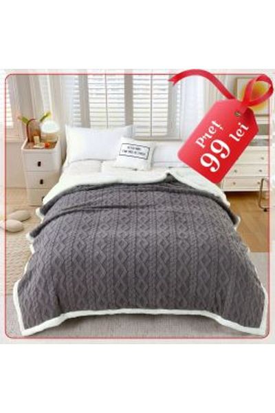 Ralex Blanket with fleece knitted pattern, double bed 200 x 230 cm, Grey