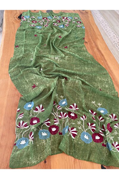 Bohemian Flower Embroidered Organic Cotton 80 X 190 cm Natural Shawl 1757090