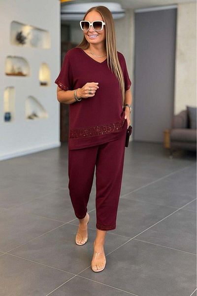 modamtn Women's Short Sleeve V-Neck Sequined Viscose Two Thread Blouse and Pants Set