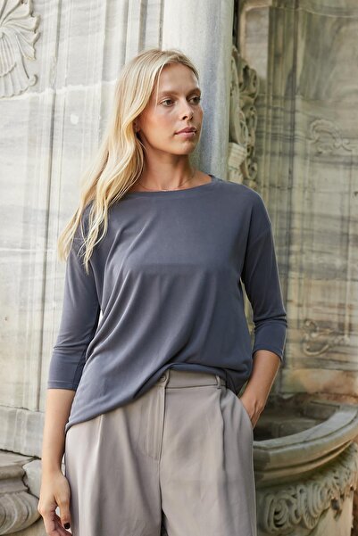 Jument Γυναικεία ποιοτική Modal Stretchy Fabric Wide O-Neck Capri με μανίκια τριών τετάρτων ελαφριά φαρδιά μπλούζα-ανθρακί