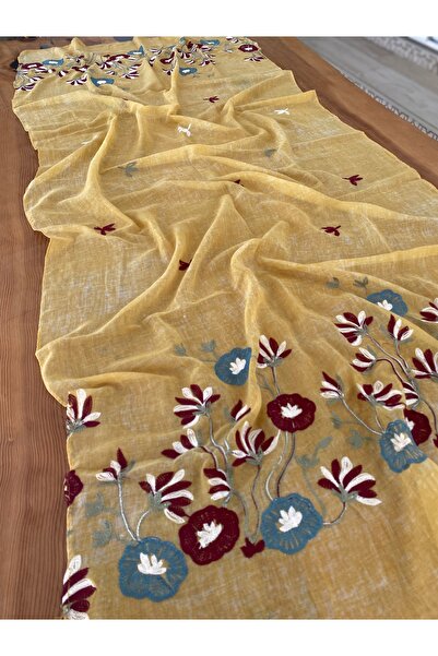 Bohemian Çiçek İşlemeli Organik Pamuk 80 x 190 cm Naturel Şal 1757091
