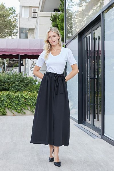 Jument Rochie lungă de damă din in, cu detaliu din lycra, cu mânecă scurtă, cu talie, cu șnur, negru, alb