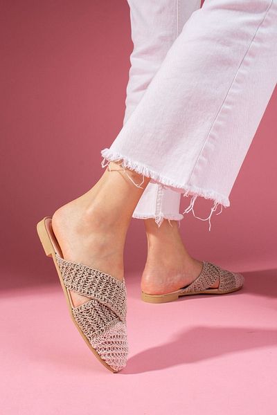 FUGA MODA Simpa Powder Mink Two-Color Closed Front Cross Tape Detailed Knitted Knitwear Slippers