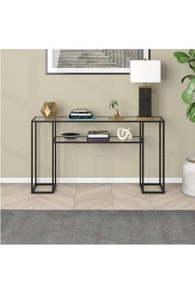 genric FFD Metal Console Table with Dual Clear Glass Shelves - Black
