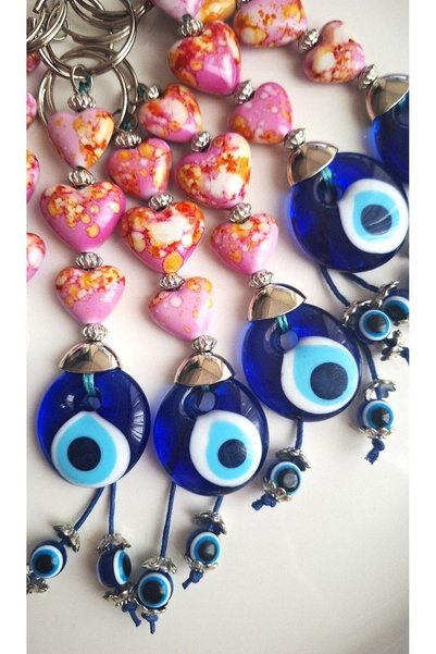 Svc Aksesuar Gift Pink Heart Evil Eye Beaded Keychain 17 cm