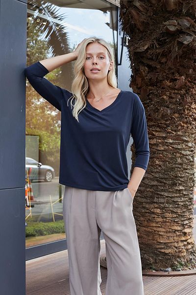 Jument Women's Quality Modal Stretchy Fabric V-Neck Off-Shoulder Capri Three-Quarter Sleeve Lightweight Loose Blouse-Navy Blue