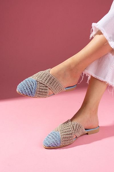 FUGA MODA Simpa Blue Mink, în două culori, în față, închisă, cu detaliu de bandă încrucișată, papuci de tricotaj