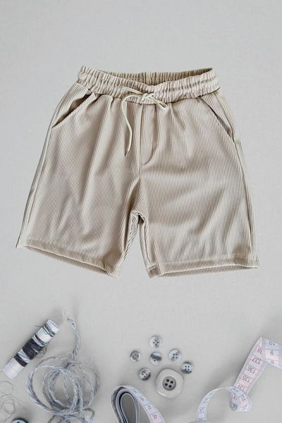 Ferhatlı Women's Men's Corded Shorts Ottoman Fabric Seasonal Lycra Lace-Up Shorts with Pockets