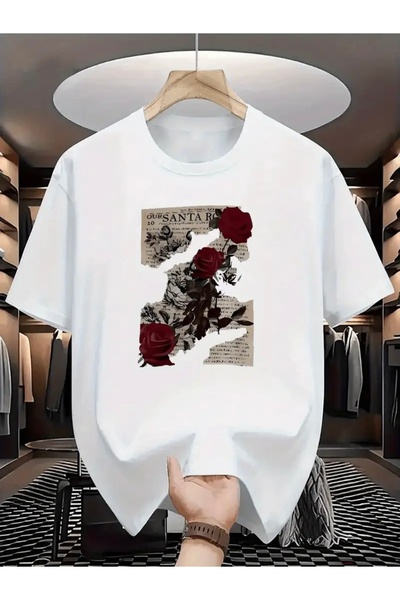 FUFLUNS تي شيرت برقبة دائرية كبيرة الحجم مطبوع عليه سانتا روز