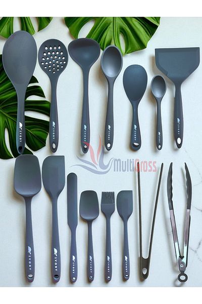Multiamo Heat Resistant Silicone Tongs Colander Ladle Spatula Spoon Set (30-28-22-20 cm) 15 Pieces