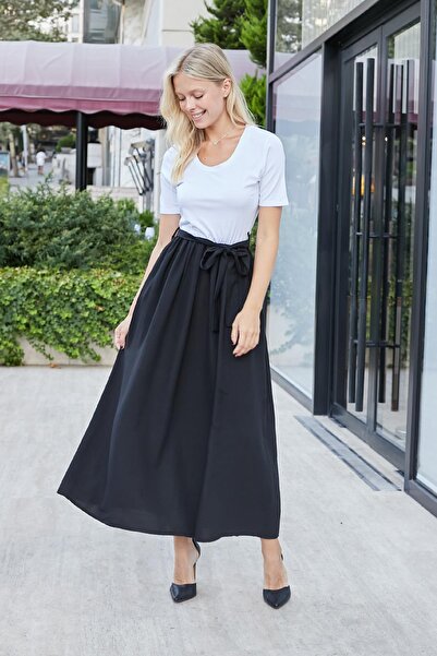 Jument Women's Linen Detailed Top Part Lycra Short Sleeve Gathered Waist Long Dress-Black White