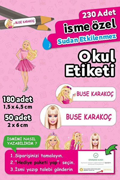 HediyeHanesi Barbie Temalı Kişiye Özel İsimli Defter Kalem Okul Etiketi, Yırt...