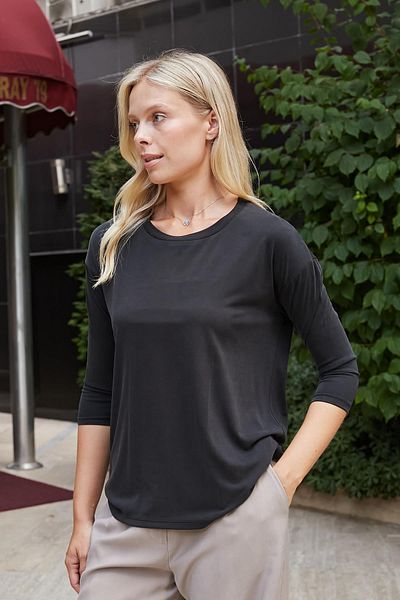 Jument Women's Quality Modal Stretchy Fabric Wide Zero Collar Capri Three Quarter Sleeve Lightweight Loose Blouse-Black