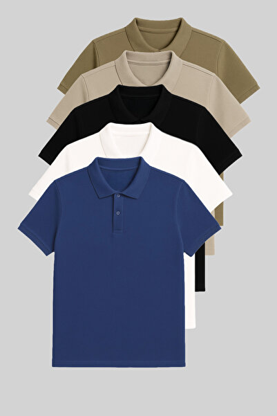 MAXIMILLIAN Men's slim fit polo collar t-shirt 5-pack khaki-grey-black-white-indigo