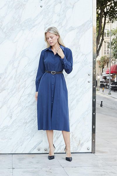 Jument Rochie lungă de toamnă pentru femei, fără lycra, din țesătură modală, cu buzunare laterale, curea din piele, cu mânecă lungă, până la genunchi-L