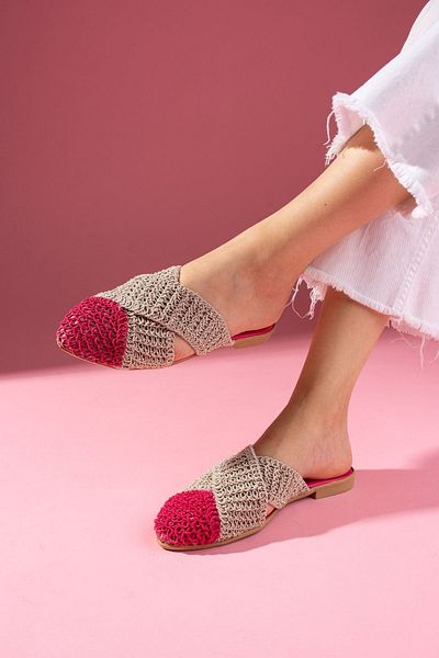 FUGA MODA Simpa Fuchsia Mink Two-Color Closed Front Cross Tape Detailed Knitted Knitwear Slippers