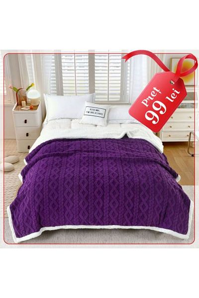 Ralex Patura cu blanita model tip Tricot, pentru pat dublu 200 x 230 cm, Mov