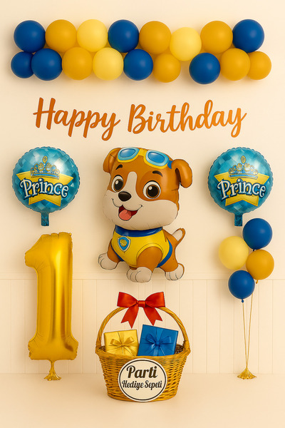 parti hediye sepeti Prince Köpek Temalı 1 Yaş Doğum Günü Seti | Lacivert Sarı...