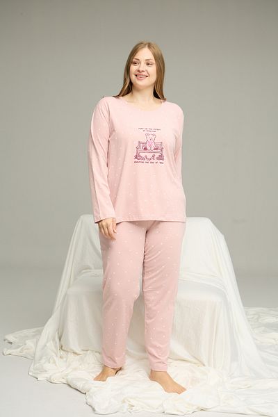 Siyah İnci Powder Pattern Curve Large Size Battal Size Cotton Pajamas Suit25240843