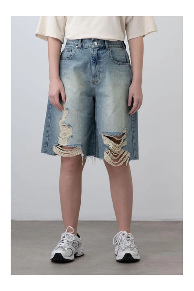 QUEEN KİDS شورت ممزق للفتيات من كوين كيدز 7526 باللون الأزرق