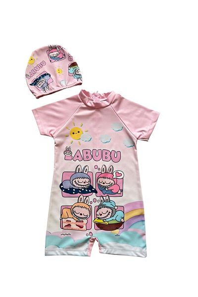 Şekerkids Girl's Pink Color Labubu Patterned and Checkered Jumpsuit Swimsuit