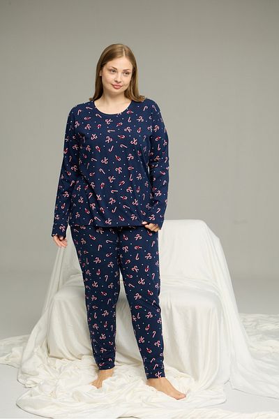 Siyah İnci Navy Blue Patterned Curve Large Size Battal Size Cotton Pajamas Suit25240807