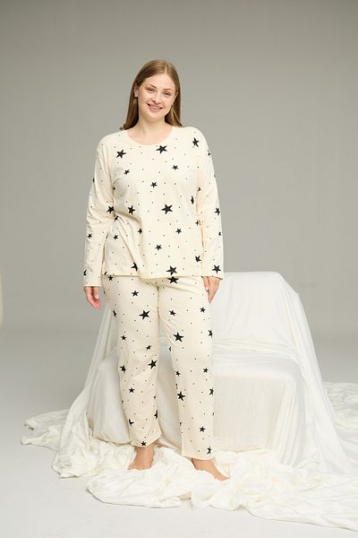 Siyah İnci Ecru Patterned Curve Large Size Oversized Size Cotton Pajama Set25240812