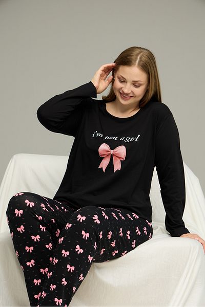 Siyah İnci Black Pattern Curve Large Size Battal Size Cotton Pajamas Suit25240820