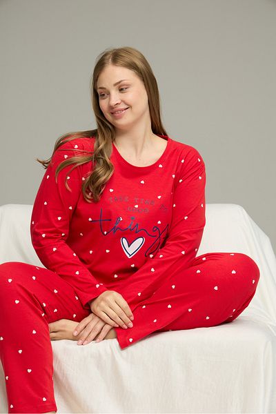 Siyah İnci Red Pattern Curve Large Size Battal Size Cotton Pajamas Suit25240779
