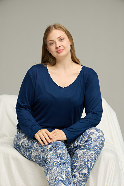 Siyah İnci lacivert desenli Curve Büyük Beden Battal Boy Pamuklu Pijama Takım25240834